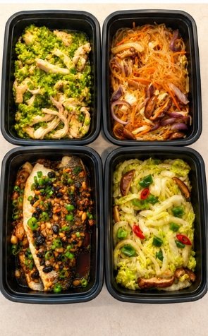 家庭餐：西兰花鸡片、蚂蚁上树、豆豉蒸鱼、香菇白菜